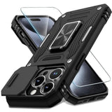 Case For Iphone 15 Pro Max With Slide Camera Cover+Screen Protector(1 Pack), Rotated Ring Kickstand Military Grade Shockproof Protective Cover 6.7 Inch-Black