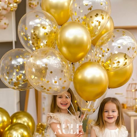 Party Balloons Pack Of 42 - Metallic Gold Balloons & Gold Confetti Balloons And 64Ft Ribbons - 12 Inch Balloons Decorations Set