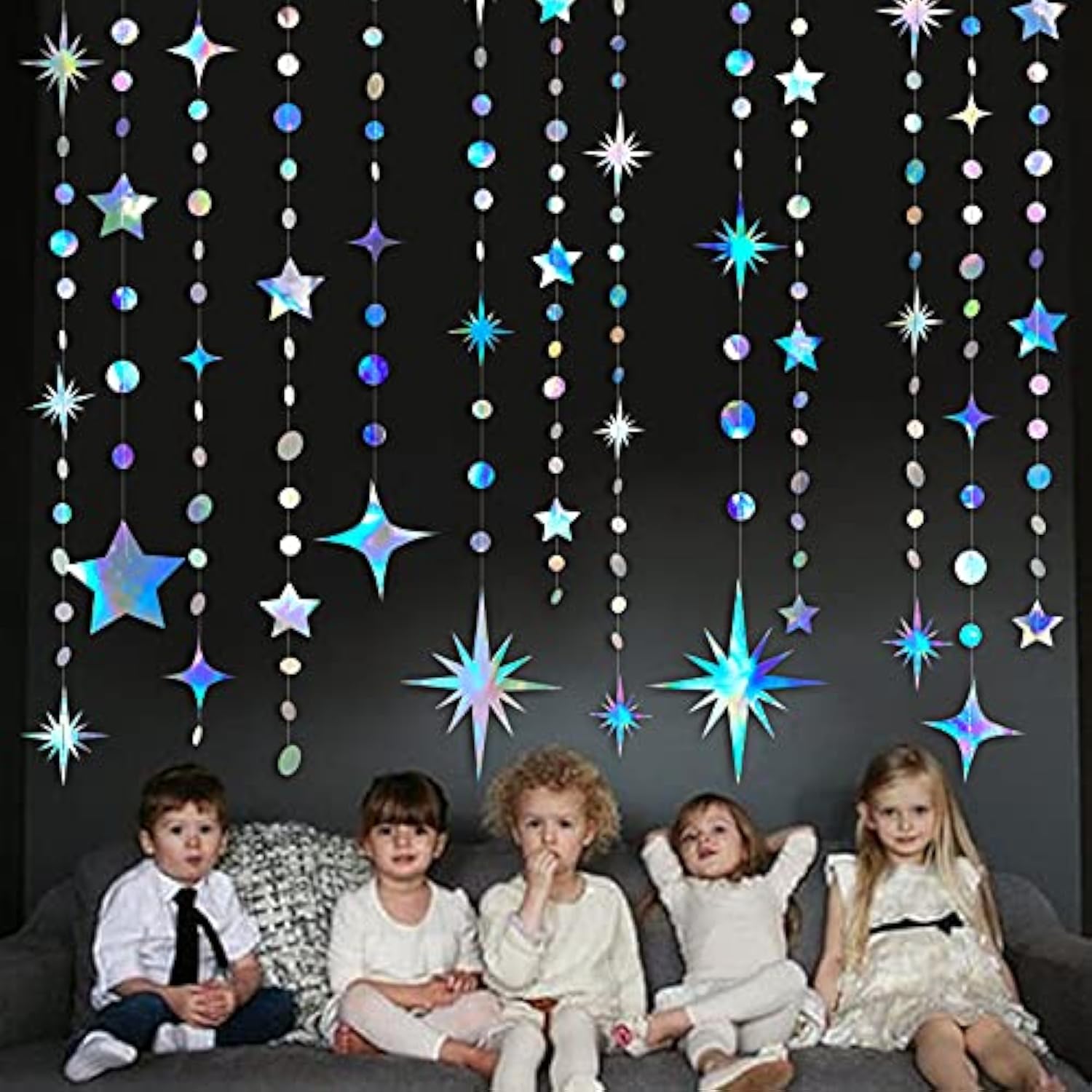 Iridescent Star & Circle Garland Metallic Twinkle Streamers for Birthdays
