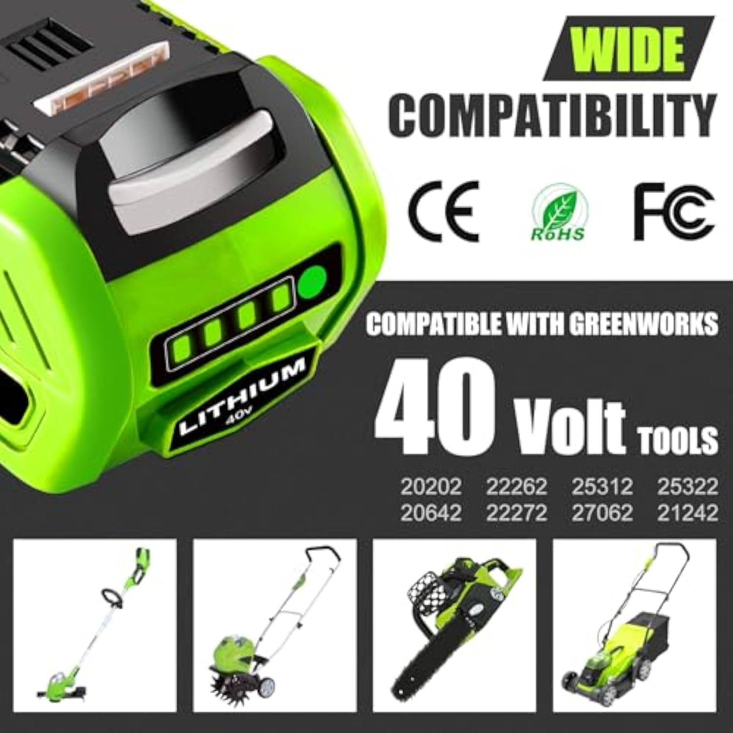 ?2Pack 40V 6.0Ah Replacemet Battery For Greenworks 40V Battery Lithium Battery 29472 29462 29252 20202 22262 Compatible With Greenworks Battery G-Max 40 Volt Cordless Chainsaw Tools (Green)