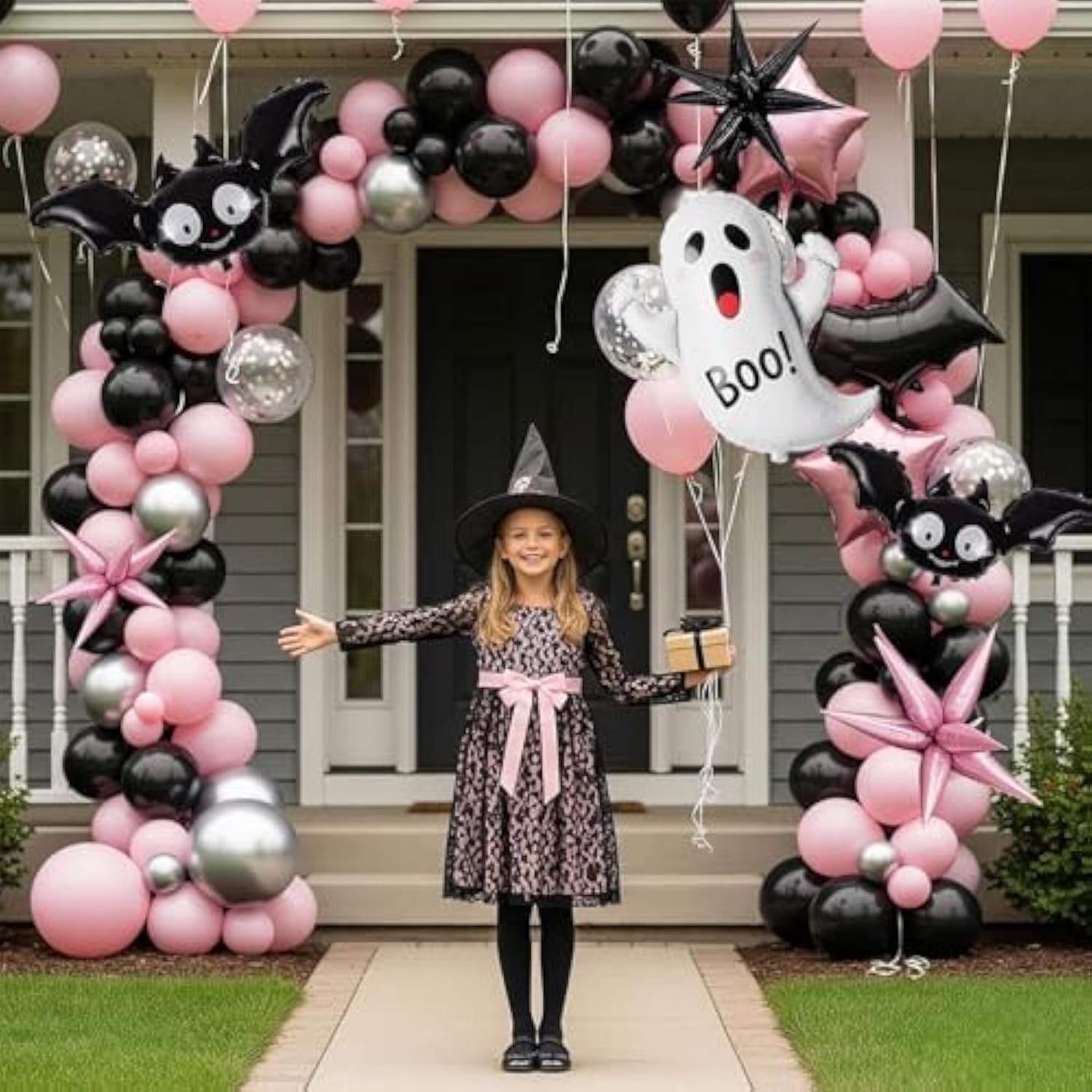 130Pc Halloween Balloon Arch Kit – Pink Black Silver White with Ghost & Hat