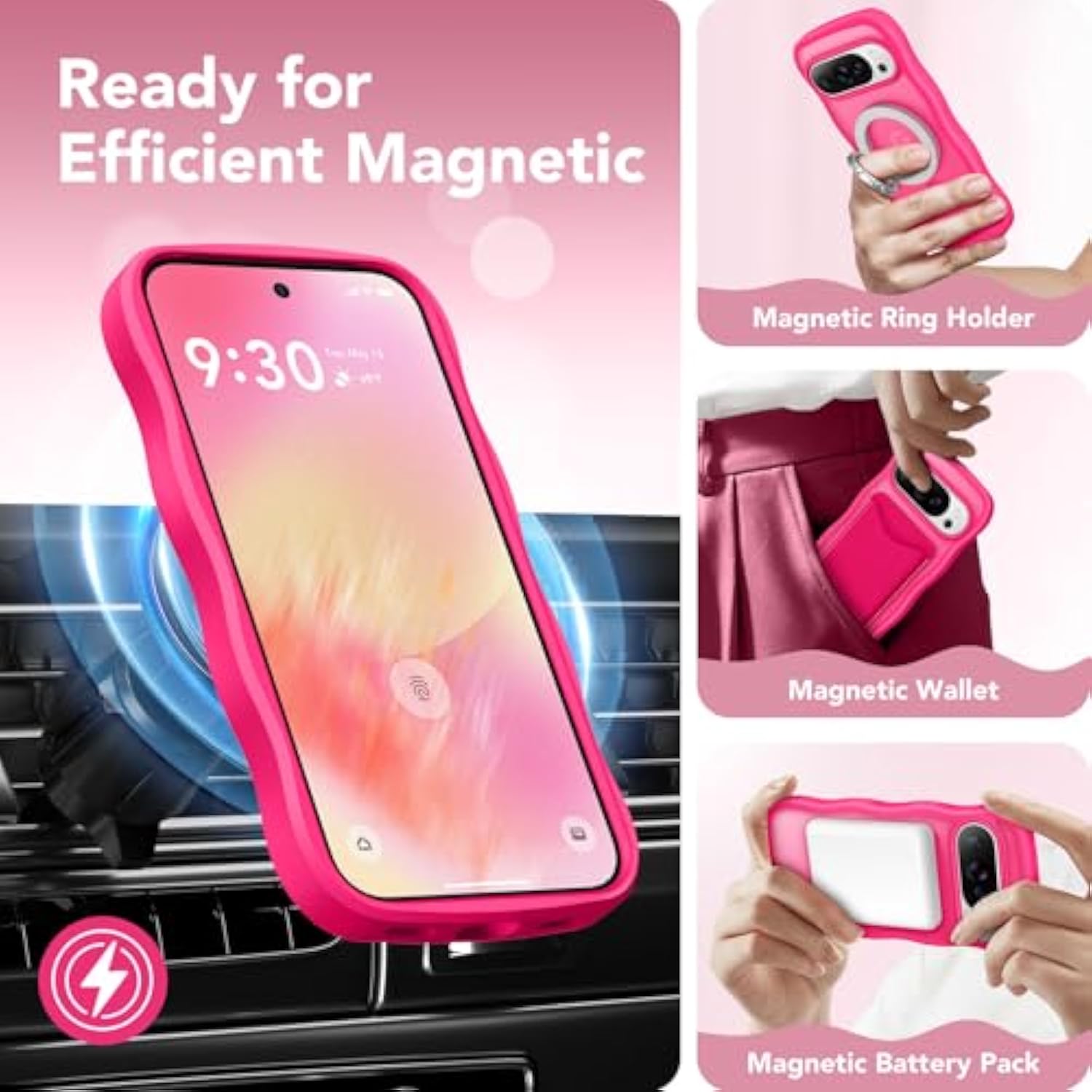 Cute For Pixel 10 Case & Pixel 10 Pro Case, Compatible With Magsafe, [Curly Wave Edge] [Camera Protection] [14 Ft Drop Protection] Magnetic For Pixel 10/10 Pro 6.3 Inch, Hot Pink