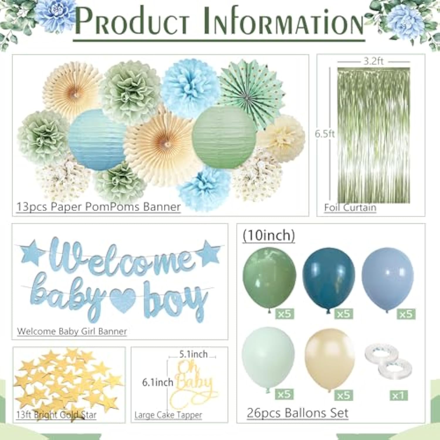 Dusty Blue Sage Green Baby Shower Decorations -Welcome Baby Boy Banner, Retro Sea-Blue Green Balloons, 'Oh Baby' Cake Topper, Pom Poms Flowers Paper Fan For Birthday Jungle Boho Blue-Party Décor