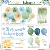 Dusty Blue Sage Green Baby Shower Decorations -Welcome Baby Boy Banner, Retro Sea-Blue Green Balloons, 'Oh Baby' Cake Topper, Pom Poms Flowers Paper Fan For Birthday Jungle Boho Blue-Party Décor