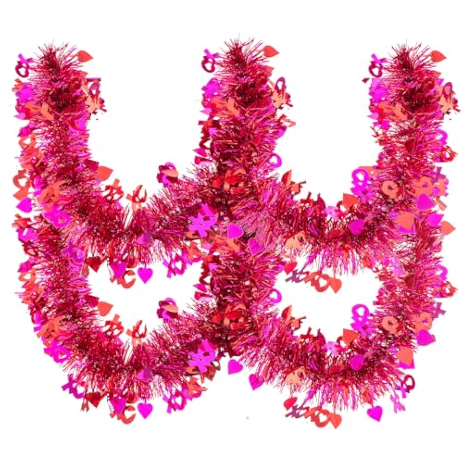 33Ft Valentines Tinsel Garland, Red Pink Metallic Twist Foil Tinsel Garland With Heart Ornament Hanging Heart Garland For Valentines Wedding Birthday Party Indoor Outdoor Decoration