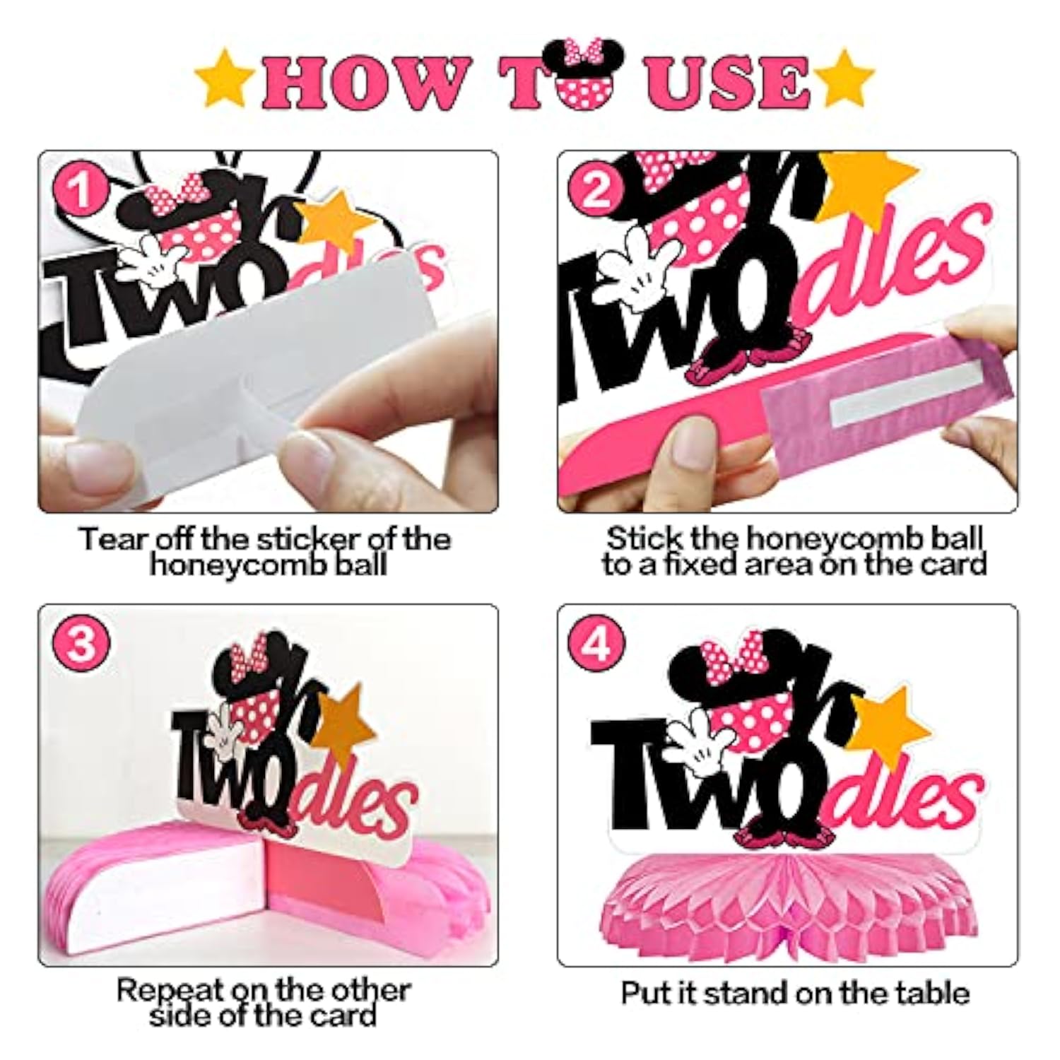 Oh Twodles Birthday Table Honeycomb Centerpieces - Cheers To Girls 2Nd Birthday Kids Two Years Old Mouse Themed Party Decorations Sign.