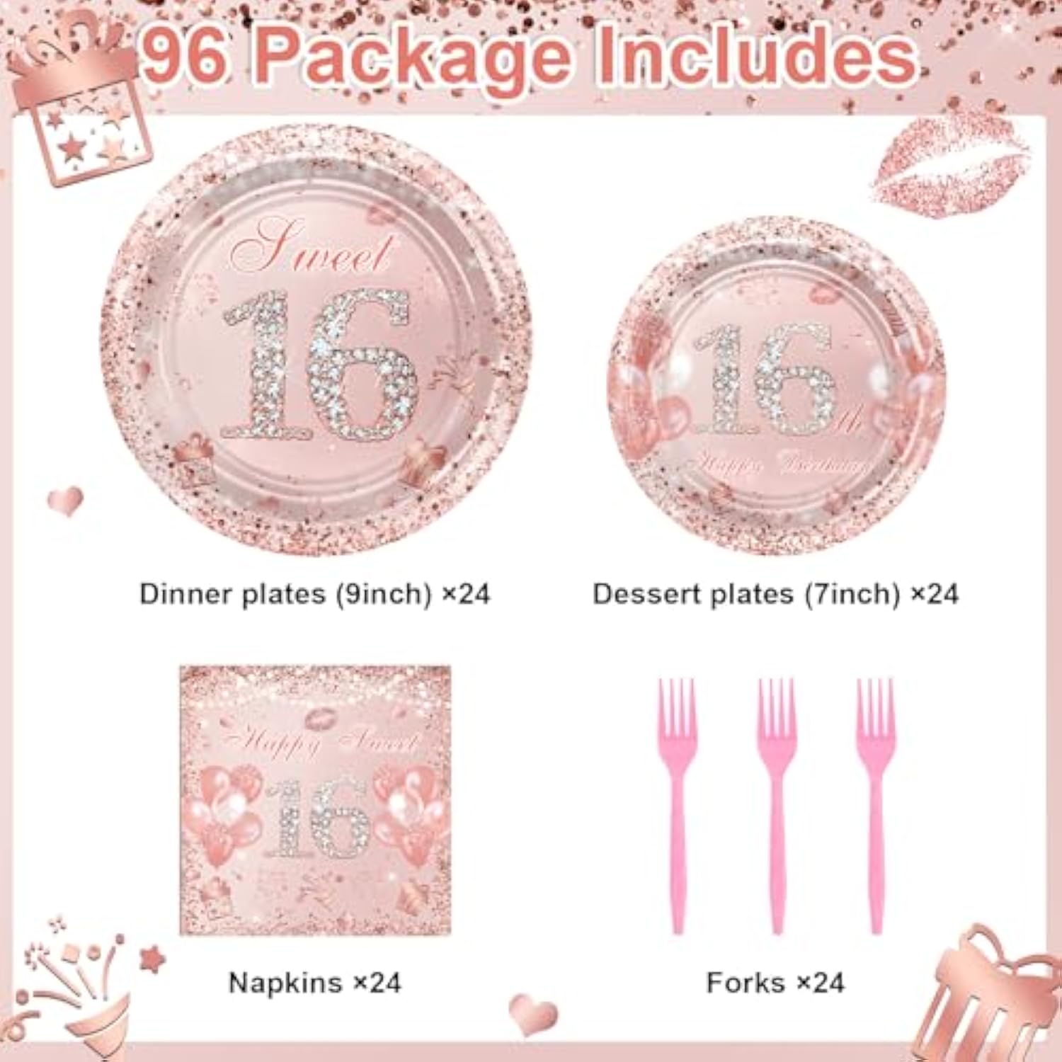 96 Pcs Rose Gold Sweet 16 Birthday Party Paper Plates And Napkins Girls Sweet 16 Decorations Sweet Sixteen Birthday Party Disposable Paper Tableware Serve 24
