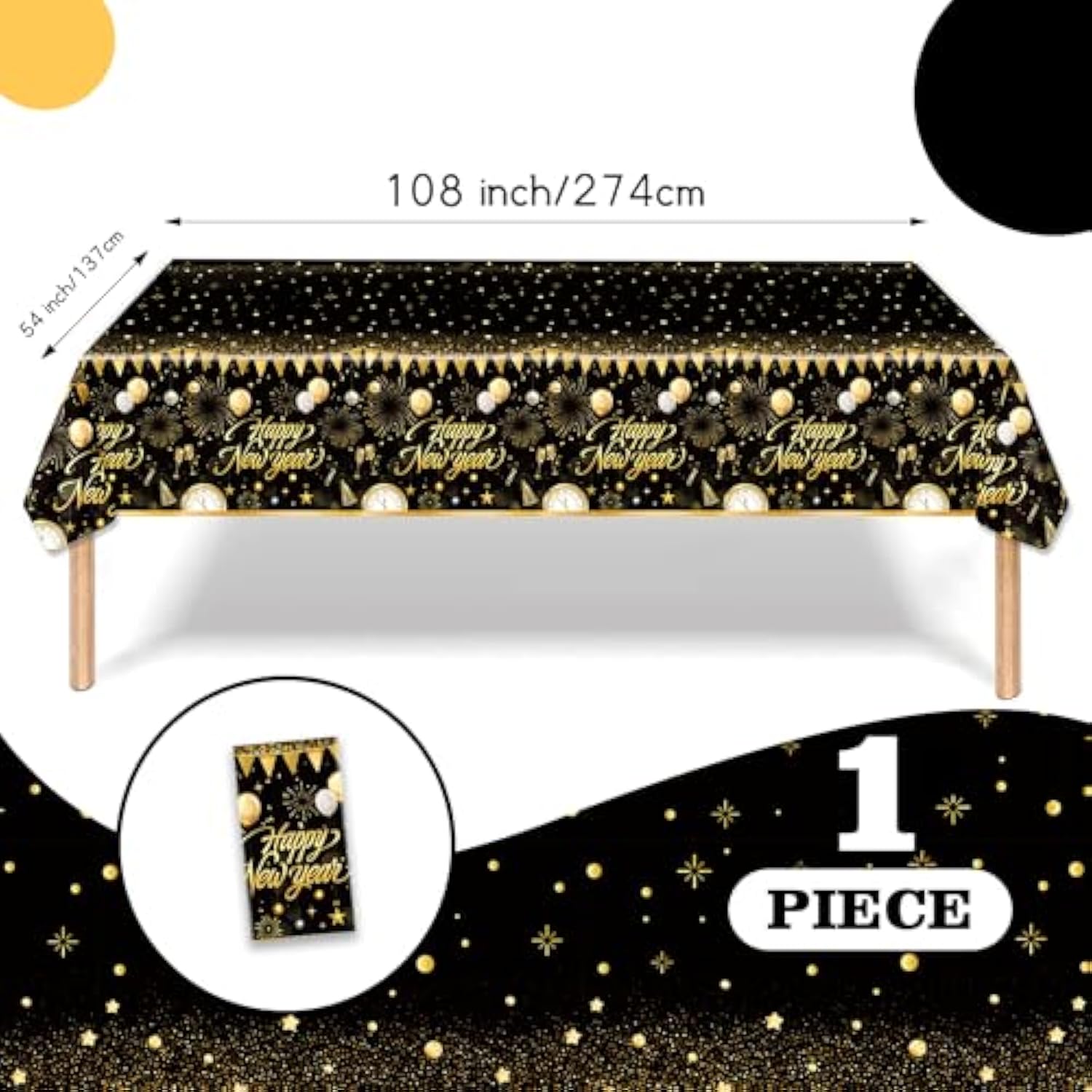 Black Gold Happy New Year Tablecloth 108x54in Disposable Party Decor