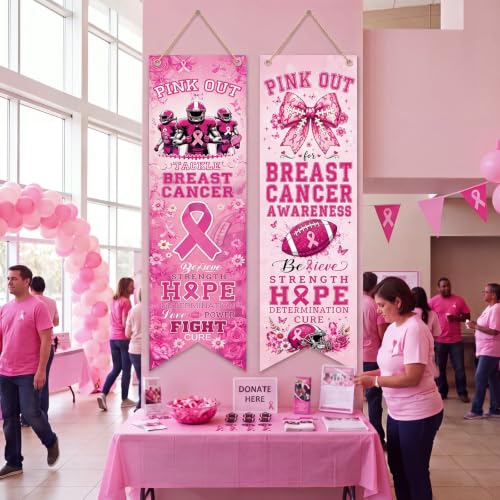 4 Pcs Pink out Breast Cancer Awareness Banner Decoration, Football