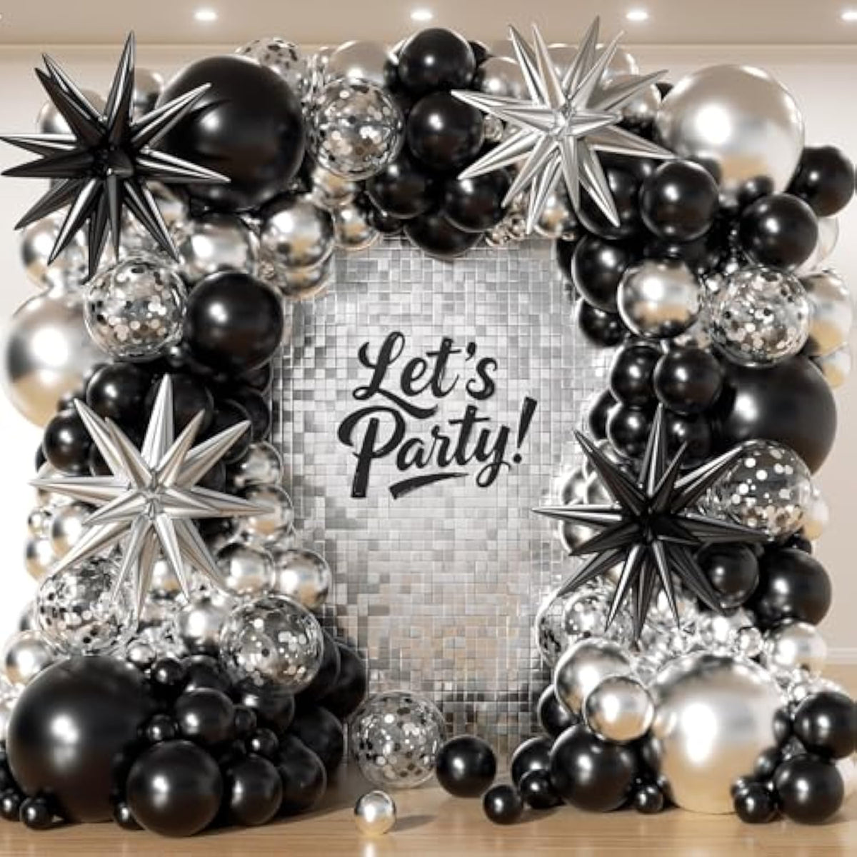 153-Piece Black & Silver Balloon Garland Kit with Stars – Multi-Size Metallic Black, Silver and Confetti Balloons for Parties