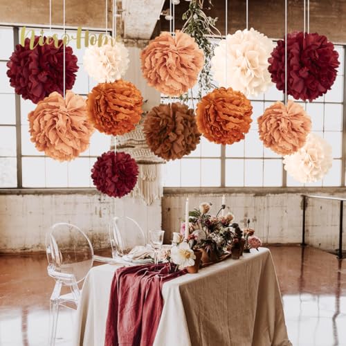 Fall Wedding Decor, 12PCS Rust Orange Brown Tissue Pom Poms
