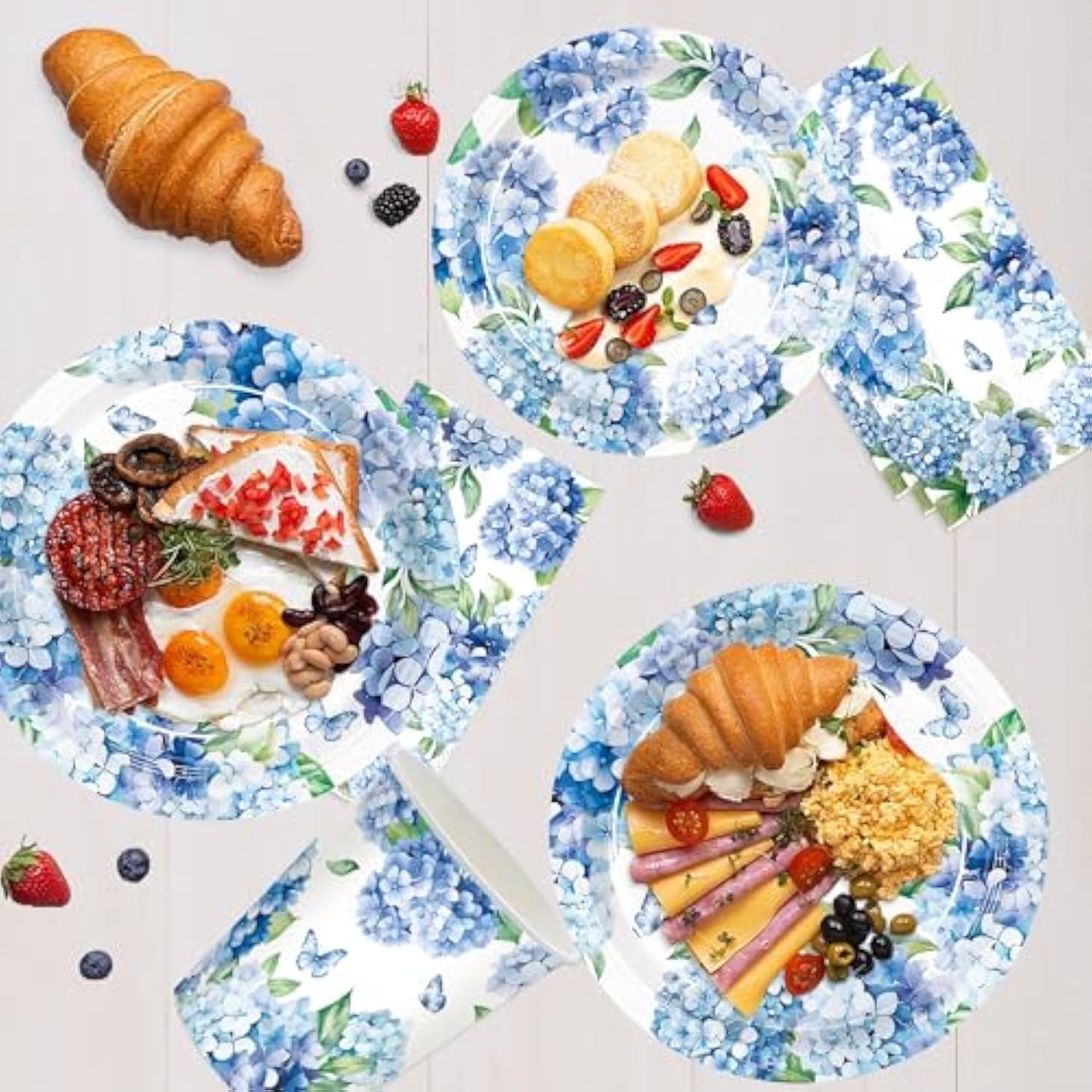 100Pcs Hydrangea Party Supplies Paper Plates Napkins Cups Hydrangea Floral Tableware Set For Summer Wedding Birthday Tea Party Supplies Serve 25 Guests