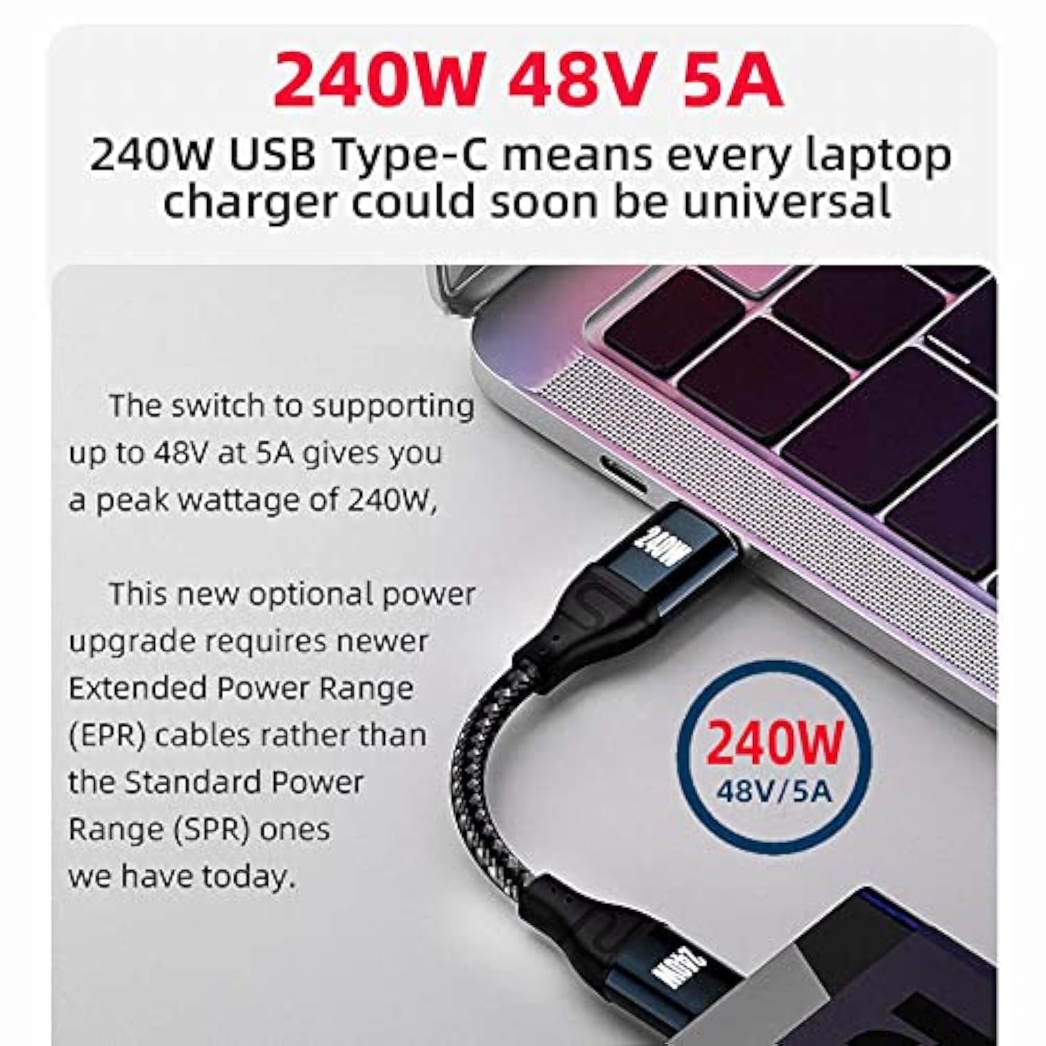 cablecc USB-C 240W 480Mbps 48V 5A Type-C Cable Compatible with USB2.0 100W Cha