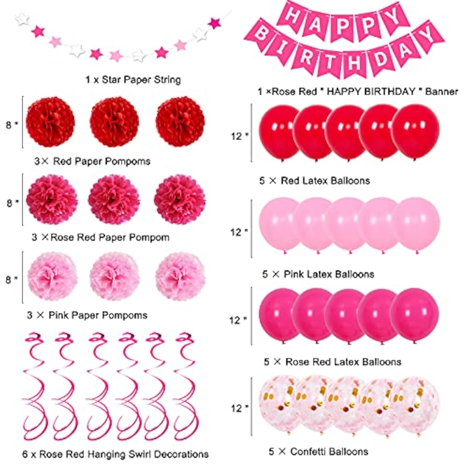 Hot Pink Birthday Decorations, Birthday Decorations For Women Girls With Happy Birthday Banner Rose Red Balloons For 1St 3Rd 13Th 16Th 18Th 21St 30Th 40Th 50Th, Valentines Day Decor For Girls Women