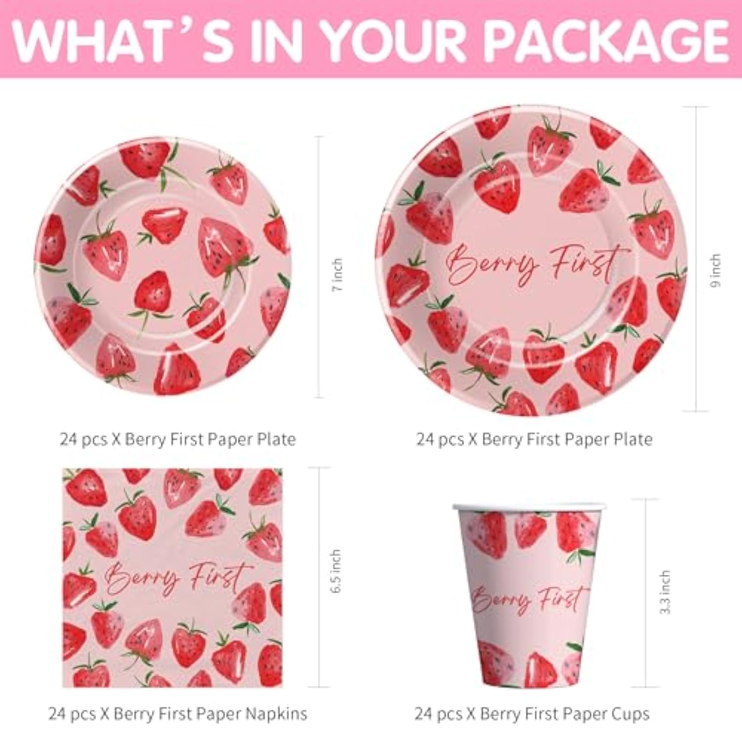 Strawberry 1St Birthday Decorations Tableware - Strawberry First Sweet One Birthday Party Supplies, Paper Plate, Cup, Napkin, Tablecloth, Disposable Cutlery | Serves 24