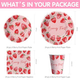 Strawberry 1St Birthday Decorations Tableware - Strawberry First Sweet One Birthday Party Supplies, Paper Plate, Cup, Napkin, Tablecloth, Disposable Cutlery | Serves 24