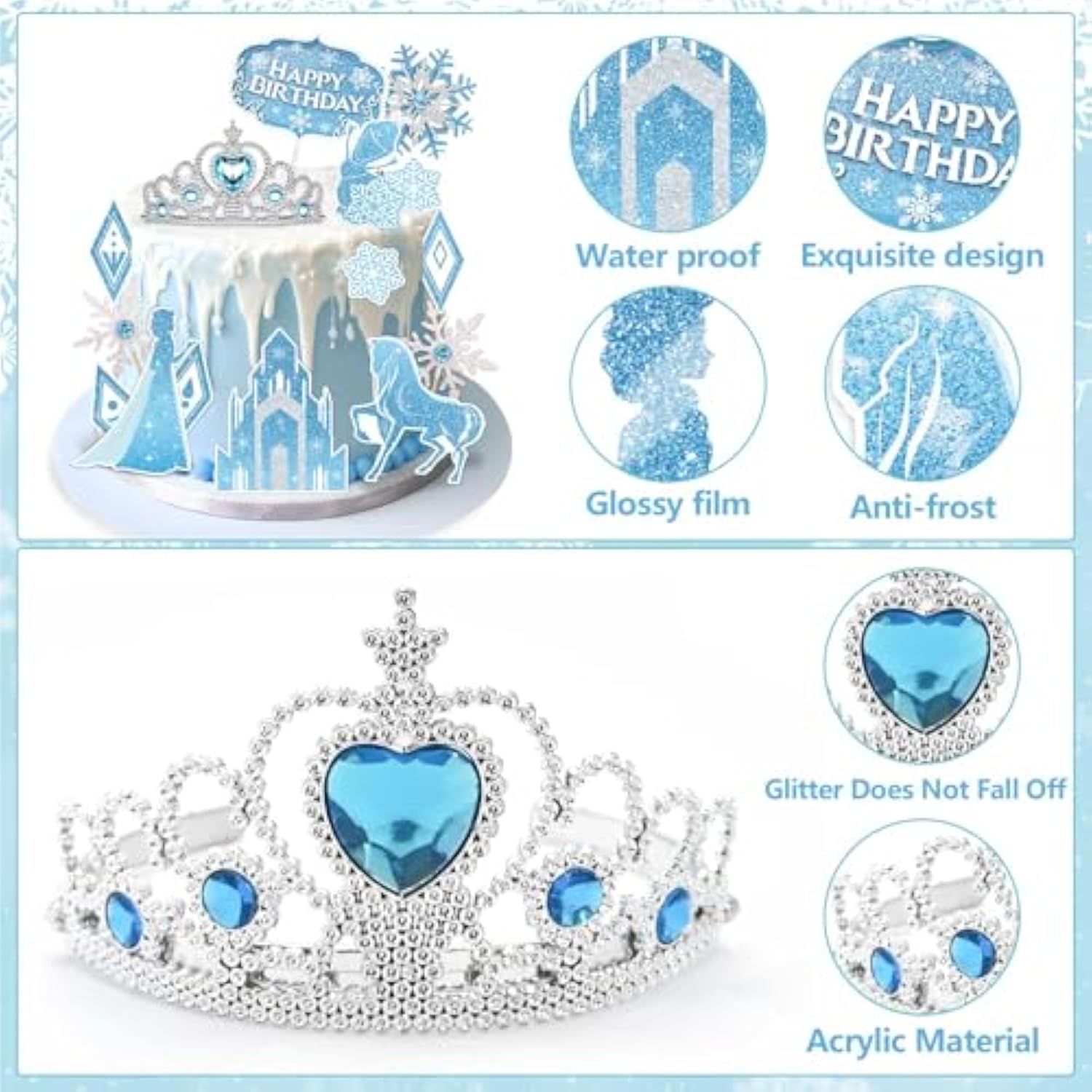 Ice Princess Cake Toppers- 16 Pcs Snow Theme Princess Cake Decorations With Castle, Crown, Snowflake Castle Birthday Cake Topper For Girls Kids Baby Shower