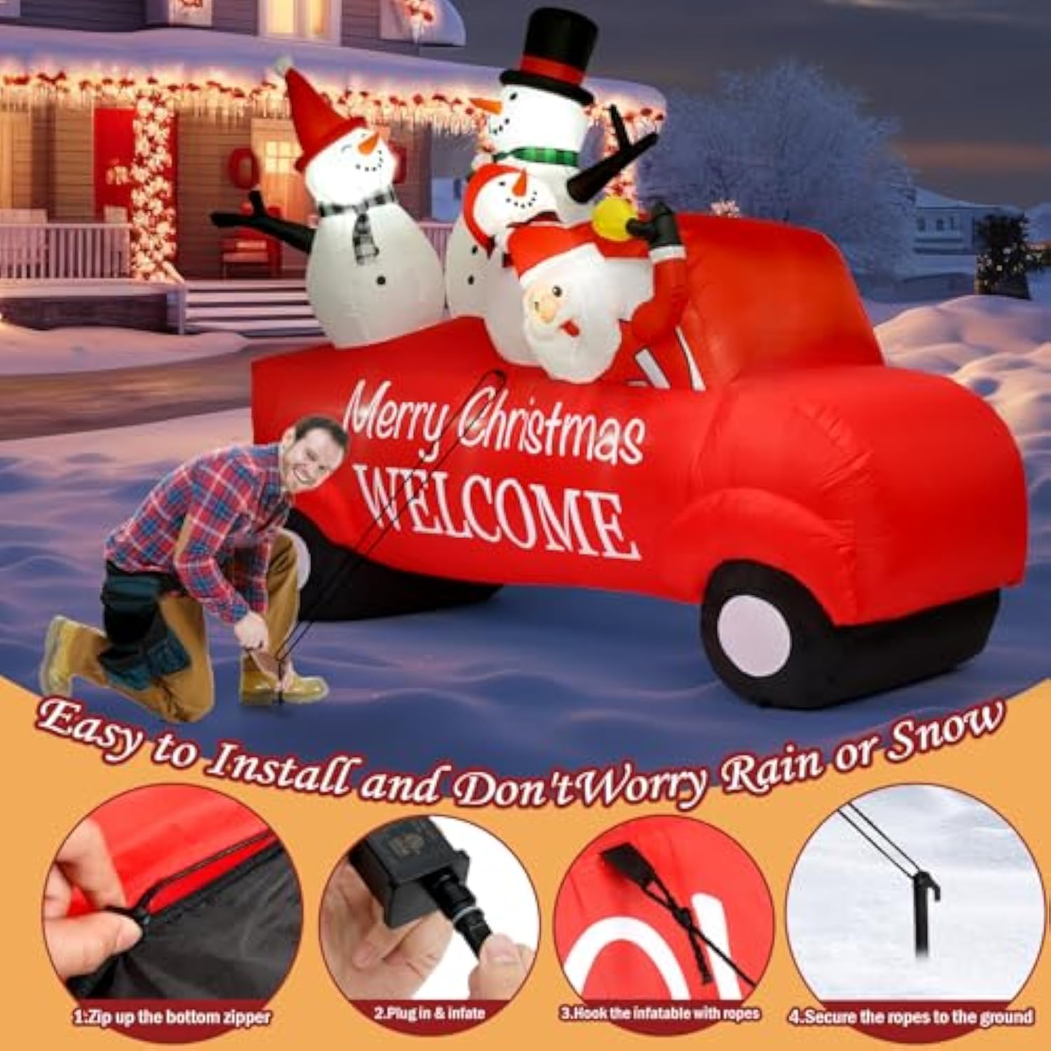 Outdoor Christmas Decoration, 8Ft Inflatable Christmas Santa Driving With Three Snowmen Decorations,Outdoor Christmas Bl