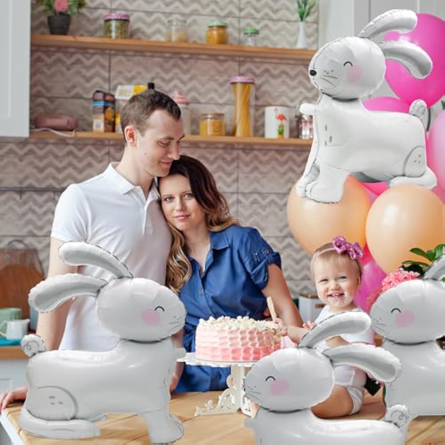 4D Realistic Farm Bunny Airwalker Walking Animal Balloon Happy Easter Balloon Baptism Supplies, 4 Pack Self Stand Rabbit Mylar Balloons Safari Jungle Woodland Bunny Decoration For Baby Shower Birthday