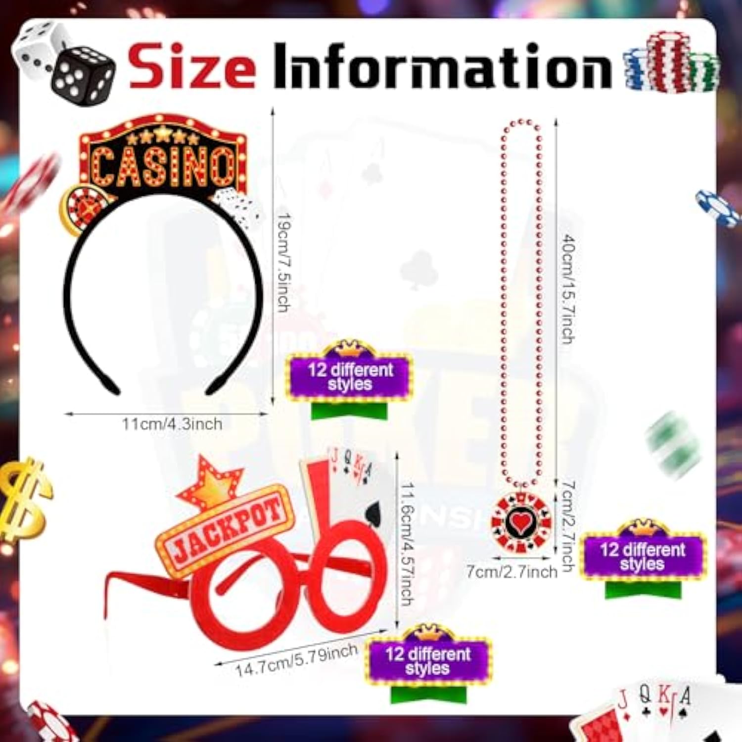 36 Pcs Casino Night Party Favors Casino Theme Felt Headband Eyeglasses Beaded Necklaces Dice Dollar Sign Poker Party Decorations Accessories For Las Vegas Game Night Decor Photo Prop Supplies