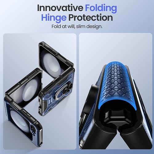 for Galaxy Z Flip 5 Case,  Z Flip 5 case with Screen Protector & Hinge Protection, 360° Ring Kickstand, Full Body Protective Cover Case for