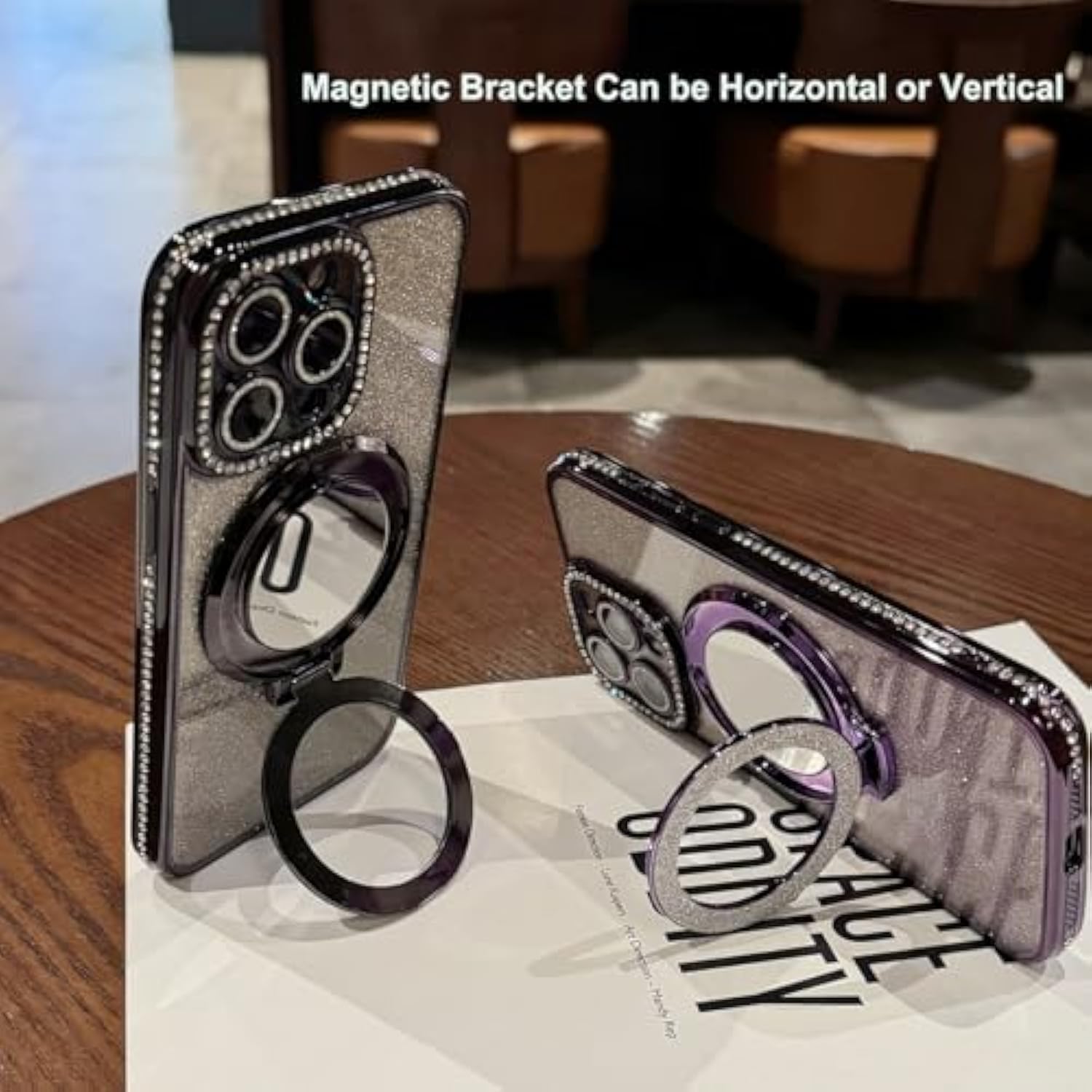 For Iphone 16 Plus Magnetic Glitter Kickstand Case, [Compatible With Magsafe] Girly Woman Makeup Mirror Cute Bling Rhinestones Cover + Camera Protector Ring Stand For Iphone 16 Plus (Pink)