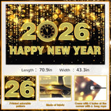 70.8x45in Happy New Year 2026 Banner Black Gold Party Backdrop Decorations