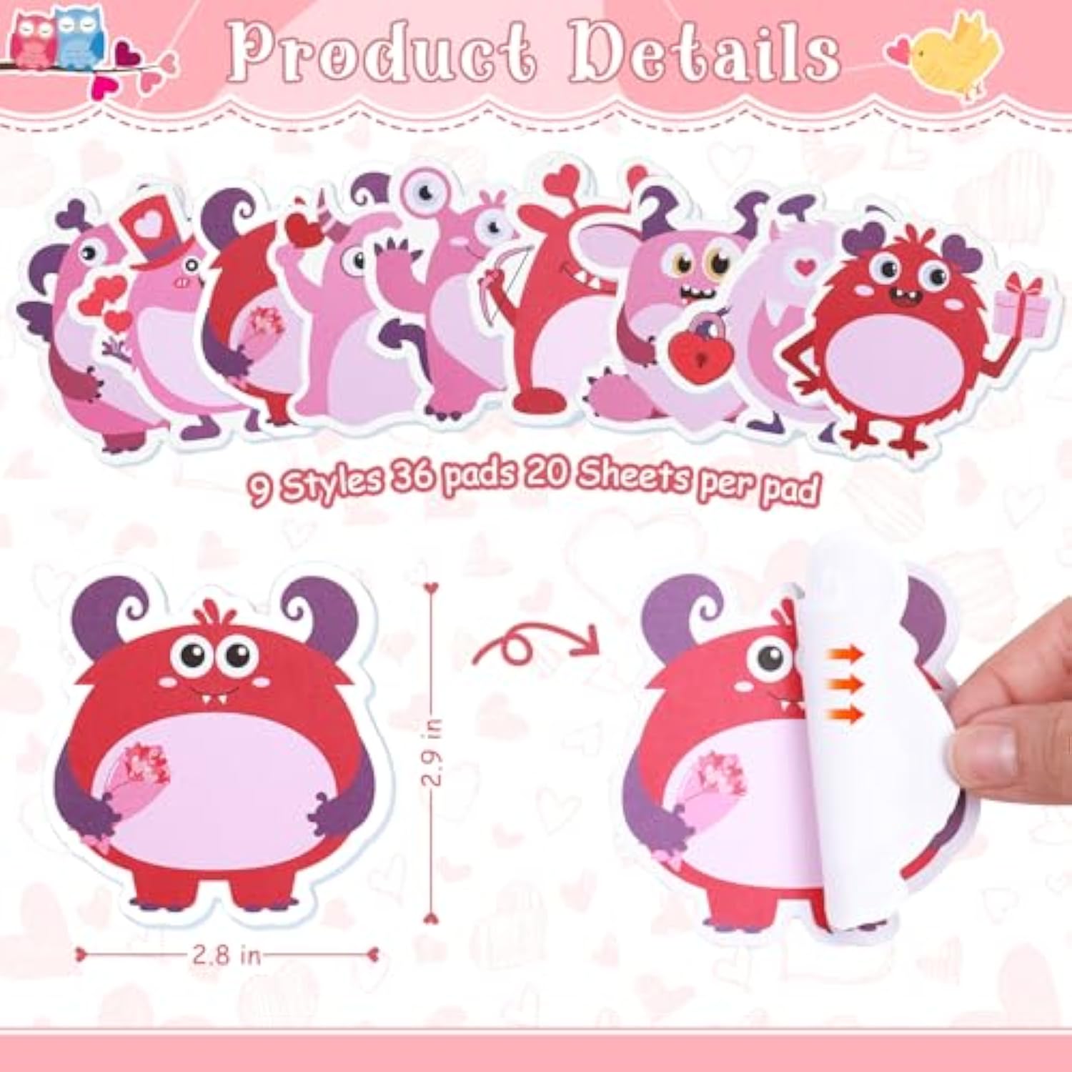 36 Pack Sticky Notes 720 Sheets Monster Heart Sticky Notepad Cute Funny Self-Stick Page Markers Writing Memo Pads For Office School Supplies Party Favors