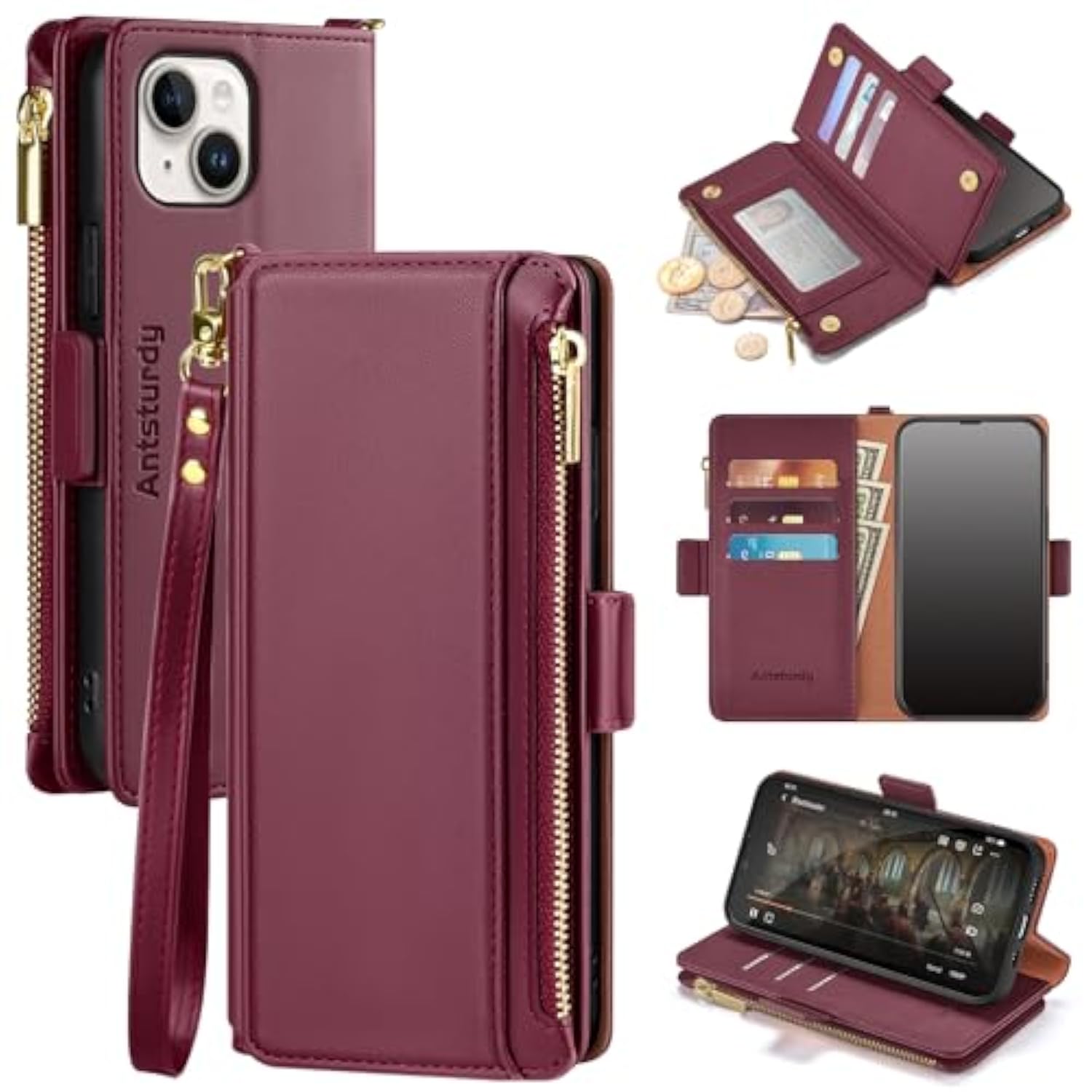 Compatible With Iphone 15 Wallet Case Card Holder?Rfid Blocking? Pu Leather Phone Case Women Men Flip Protective Cover Wrist Strap Zipper Credit Card Slots,For Apple 15 6.1",Wine Red