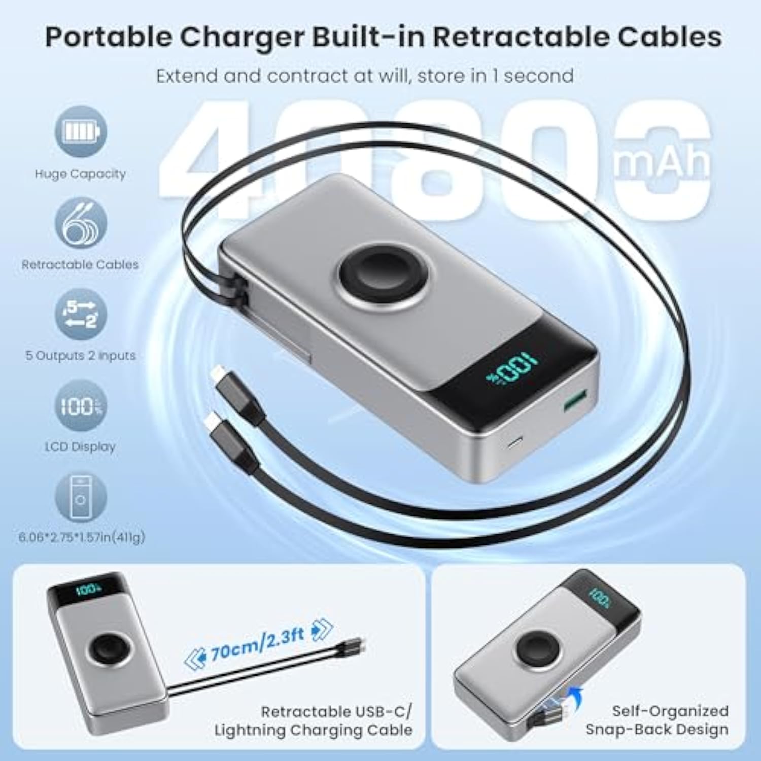 Portable Charger 40800Mah Power Bank With 2 Built-In Retractable Cables,25W Pd Fast Charging Phone Charger With Iwatch Charger,5 Output 2 Input Lcd Display Battery Pack For Iphone 16/15/14/13,Android