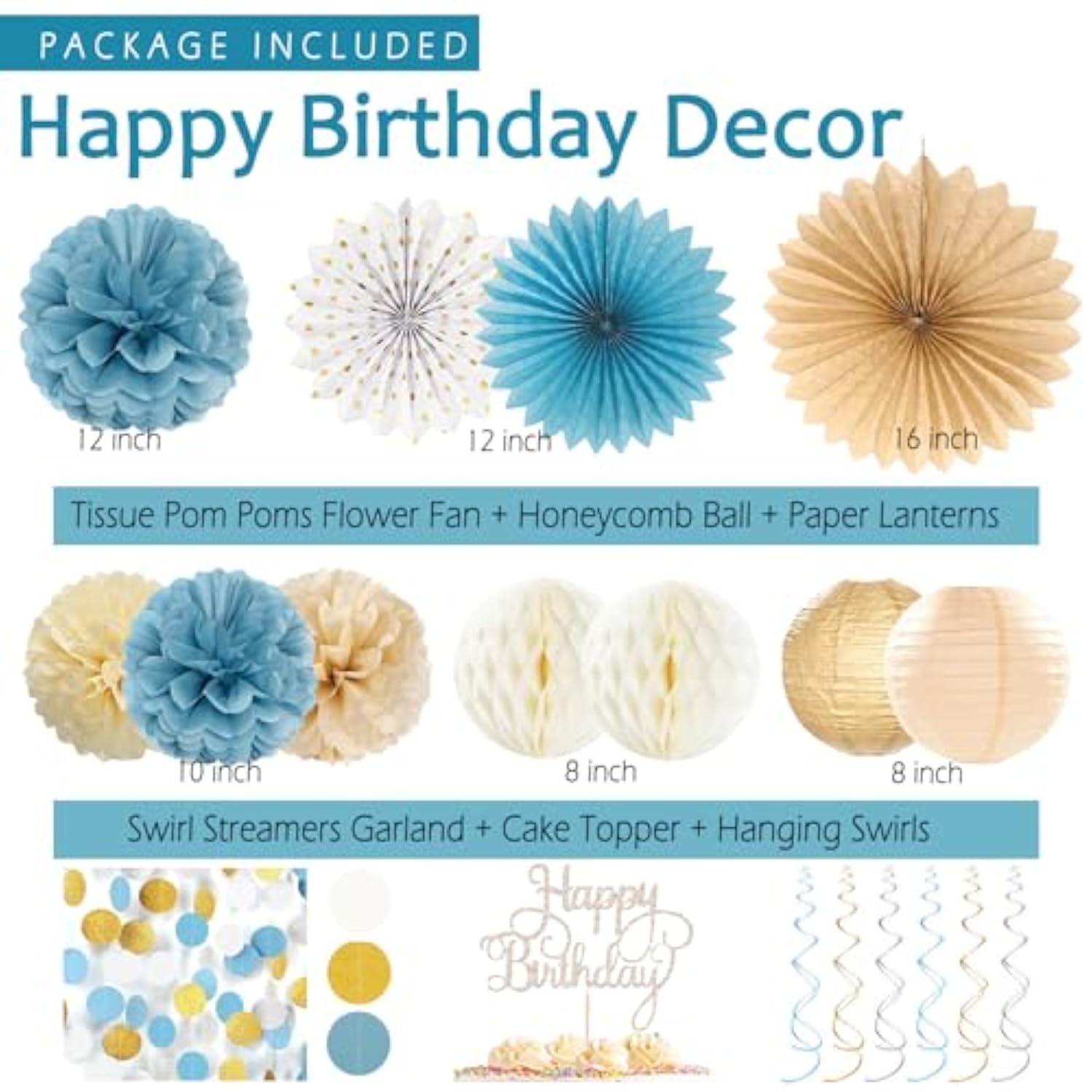 Dusty Blue Beige Champagne Women Birthday Decorations, Boho Neutral Boys Girls Blue Party Décor With Fog Cream Gold Balloons,Happy Banner Garland,Paper Lanterns, Honeycomb Tissue Pom Poms For Adults