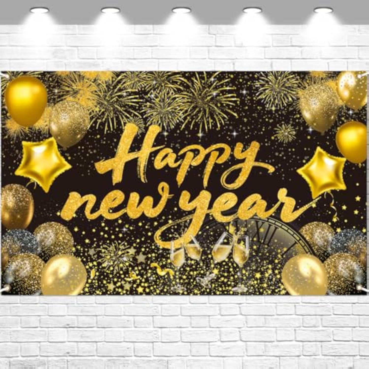 Happy New Year 2026 Black Backdrop Banner for Party and Photo Booth Decor