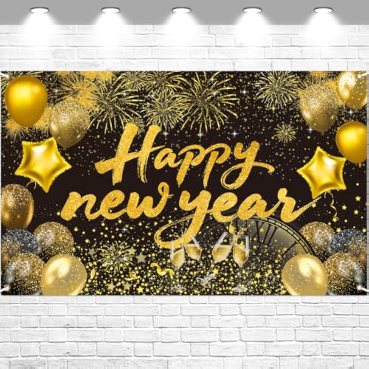 Happy New Year 2026 Black Backdrop Banner for Party and Photo Booth Decor