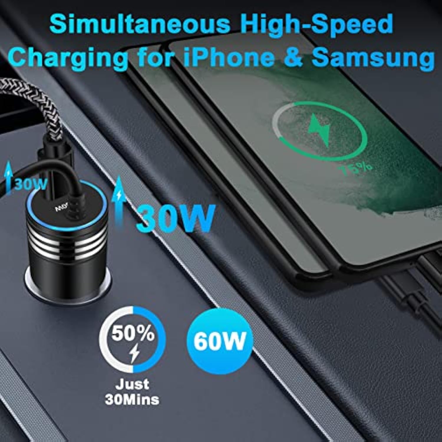 60W Super Fast Charging Android Car Charger Type C Rapid Samsung Car Charger With 3Ft Built-In Usb C Cable For Samsung Galaxy S25 Edge S24 Ultra S23 Fe S22 S21 S20 A56 A36 A16 A35 A54 A14 A53 A23 A13