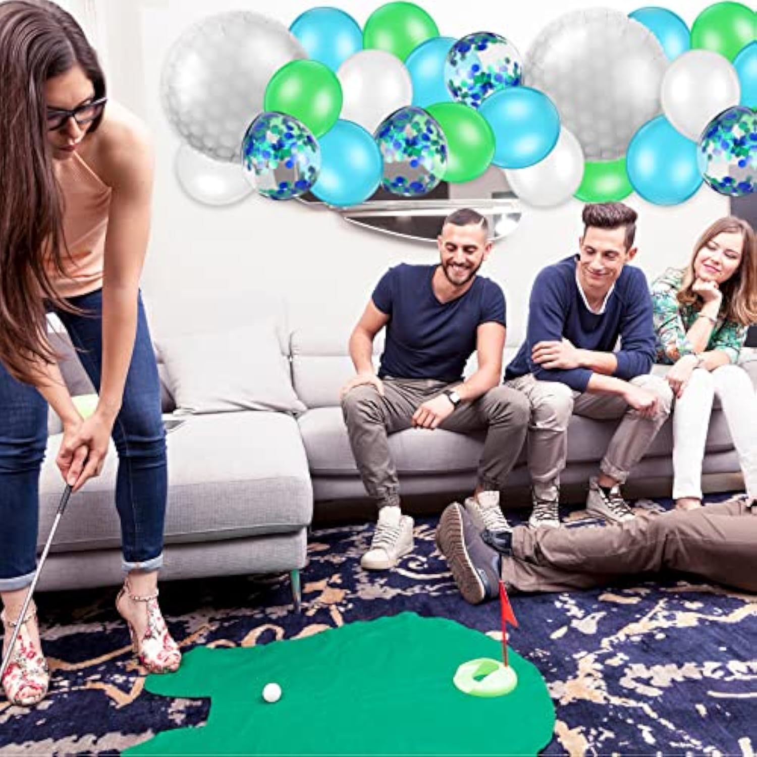 60-Piece Golf Theme Decoration Set,Including 5 Pcs 18 Inch Golf Foil Balloons,55 Items 12 Inch Navy Blue Green And White Latex,Confetti Balloons,Suitable For Sports Theme Party Decorations.
