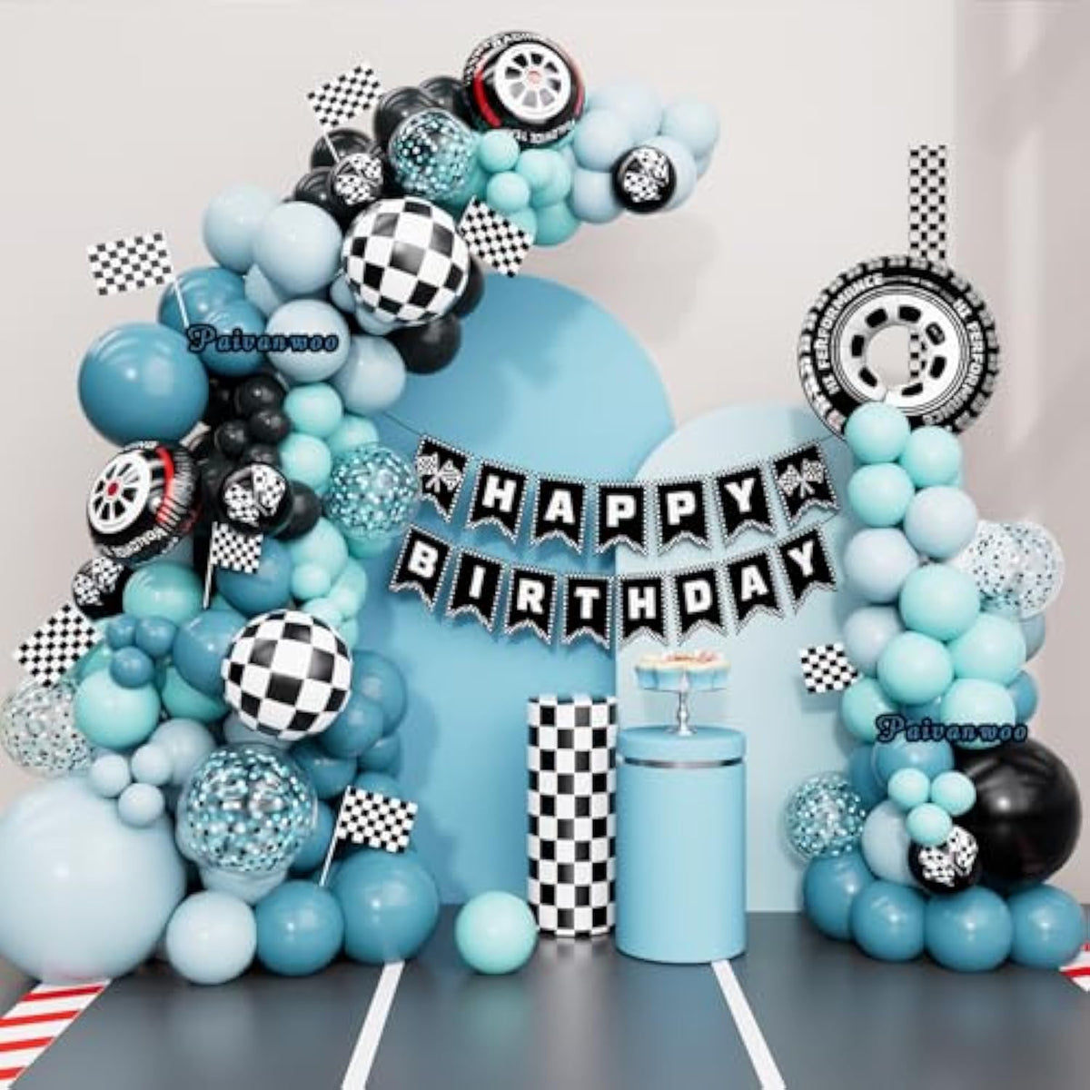 Race Car Balloon Garland Arch Kit – Dusty Blue & Black Balloons With Banner, Checkered Balloons & Flag For Two Fast, Cars, Or Race Car Birthday Party Decorations