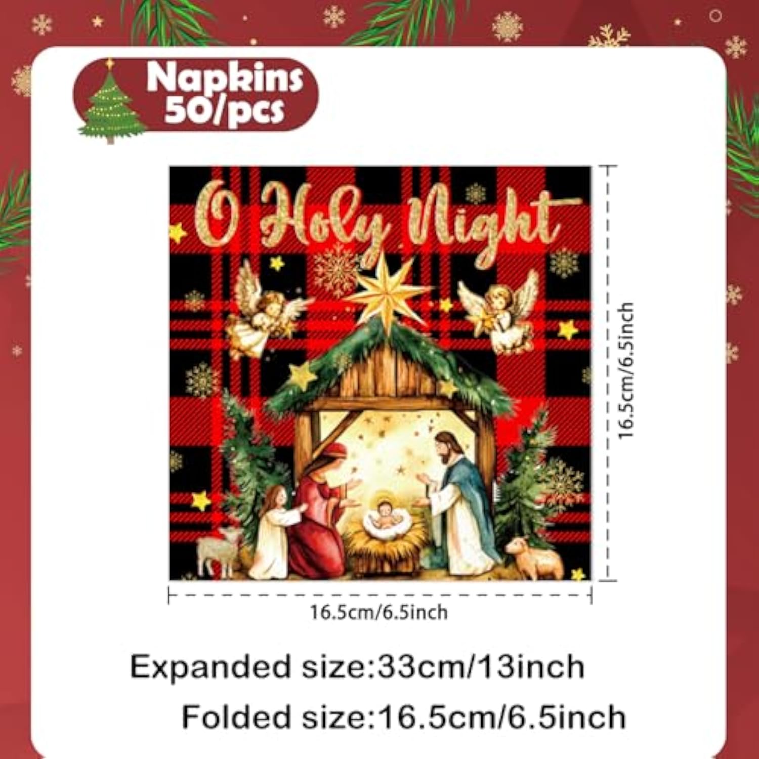 50Pcs O Holy Night Jesus Paper Napkins - Happy Birthday Jesus Decorations Christmas Jesus Birthday Party Supplies Disposable Luncheon Dinner Napkins 6.5" X 6.5"