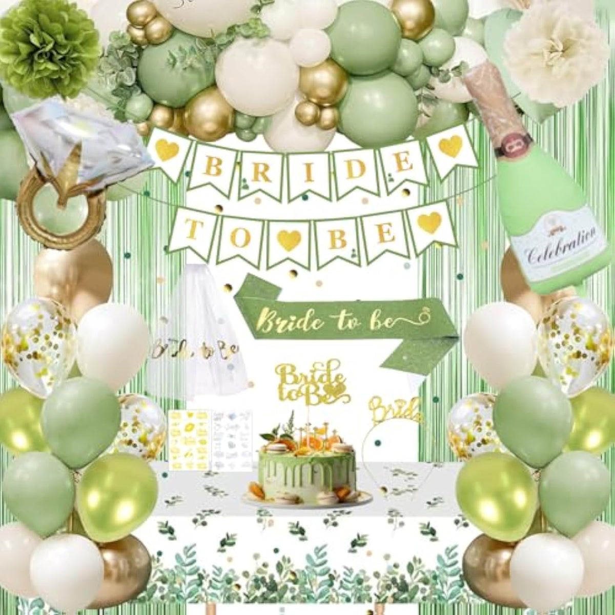 53pcs Sage Green Bridal Shower Kit with Banner, Balloons, Sash, Tiara & More