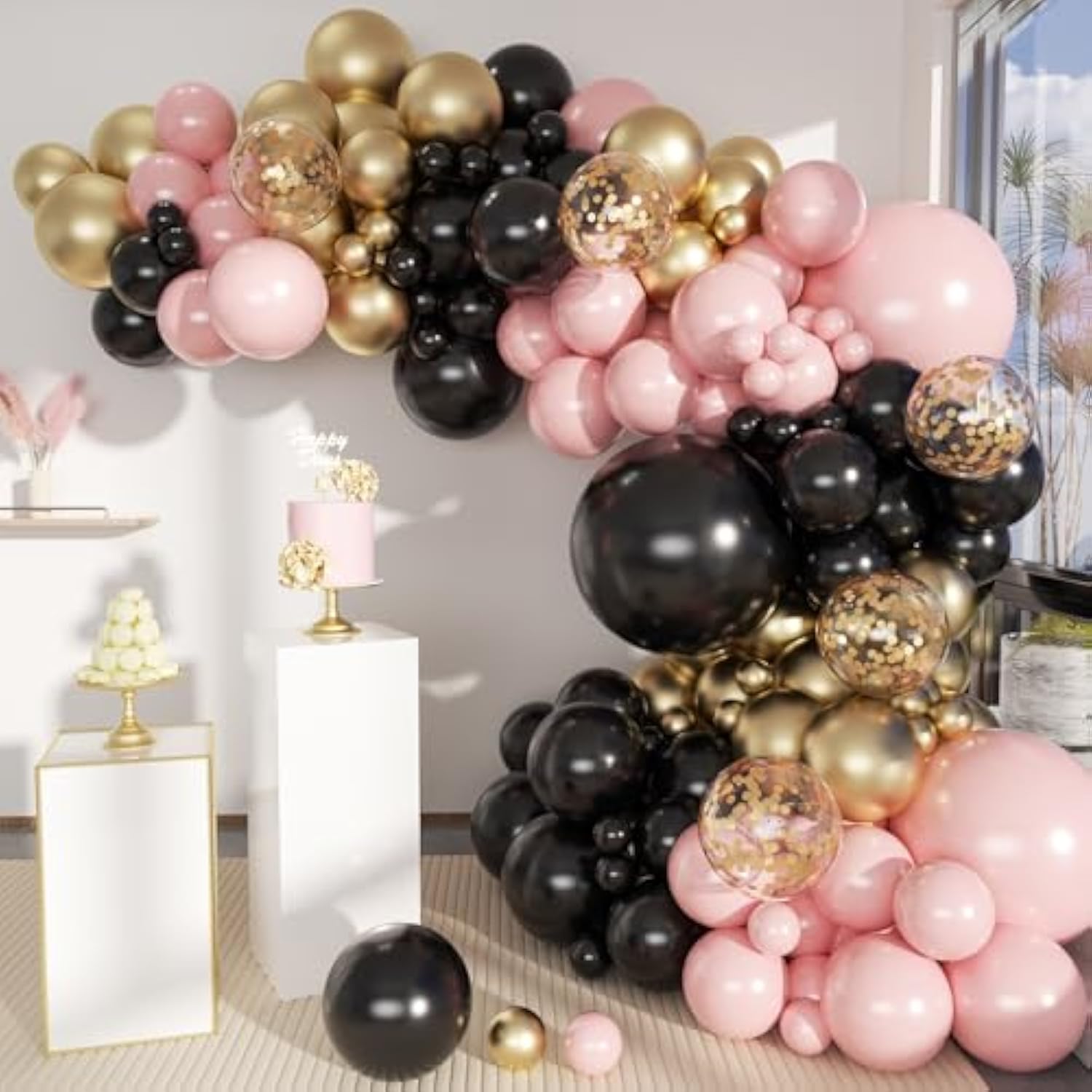 156 Pc Black, Pink, & Gold Balloon Garland Arch Kit Women/Girls Party Decor