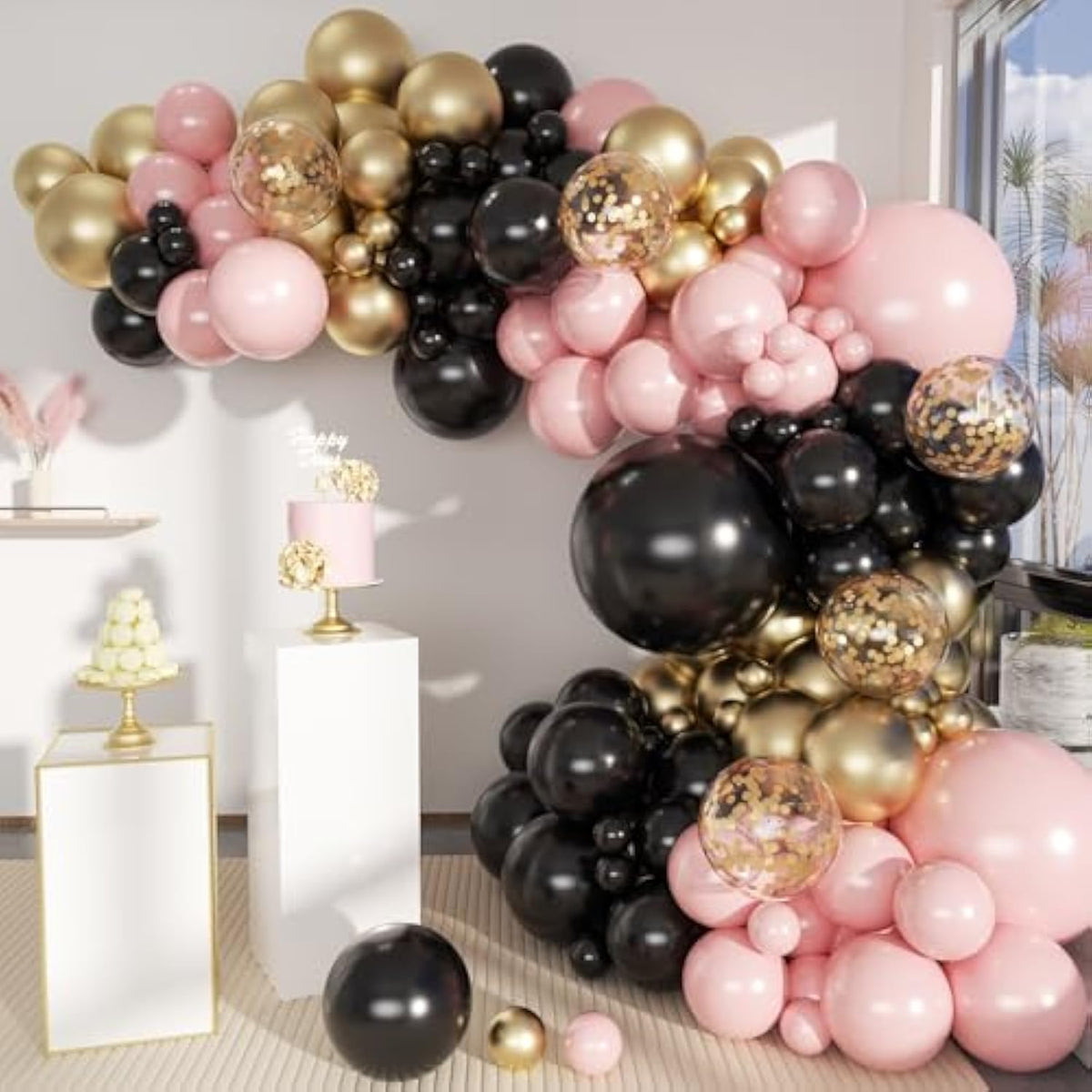 156 Pc Black, Pink, & Gold Balloon Garland Arch Kit Women/Girls Party Decor