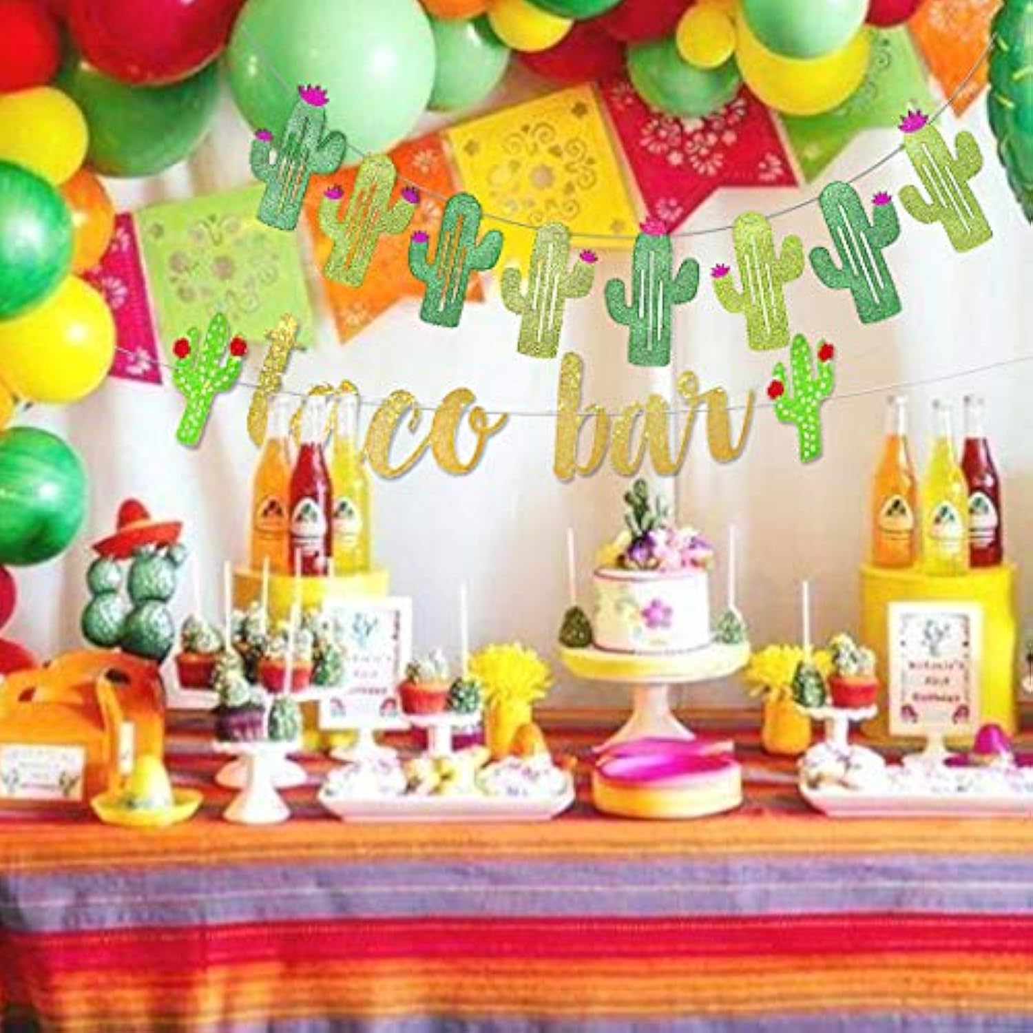 2Set Fiesta Taco Bar Cactus Banner, Gold & Green Glittery Decorations for Cinco De Mayo