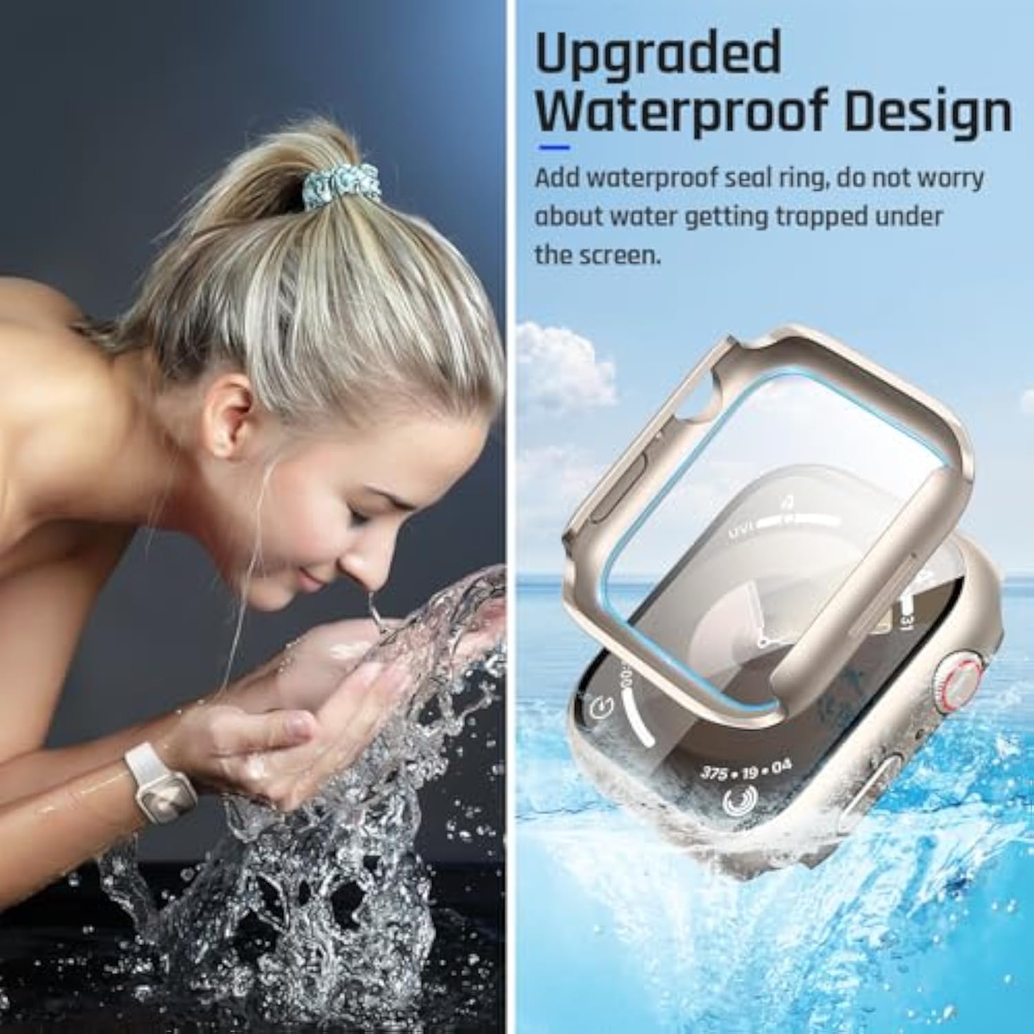 Waterproof Case with Glass for Apple Watch 44mm Series 6/5/4/SE, 2 in 1 Protective Case, Rugged Band, Bling Case, IP67 Waterproof, Durable and Stylish