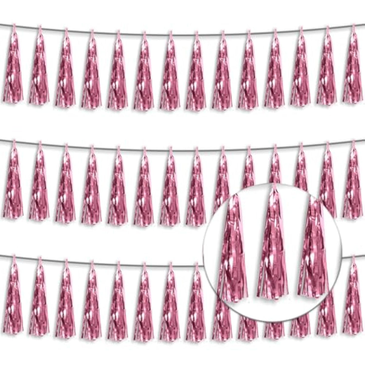 3P Metallic Fringe Tassel Banner Garland Foil Tinsel Streamer Wall Hanging Curtain Backdrop Banner For Parade Floats, Graduation Decorations, Wedding Party Decoration(Pink)