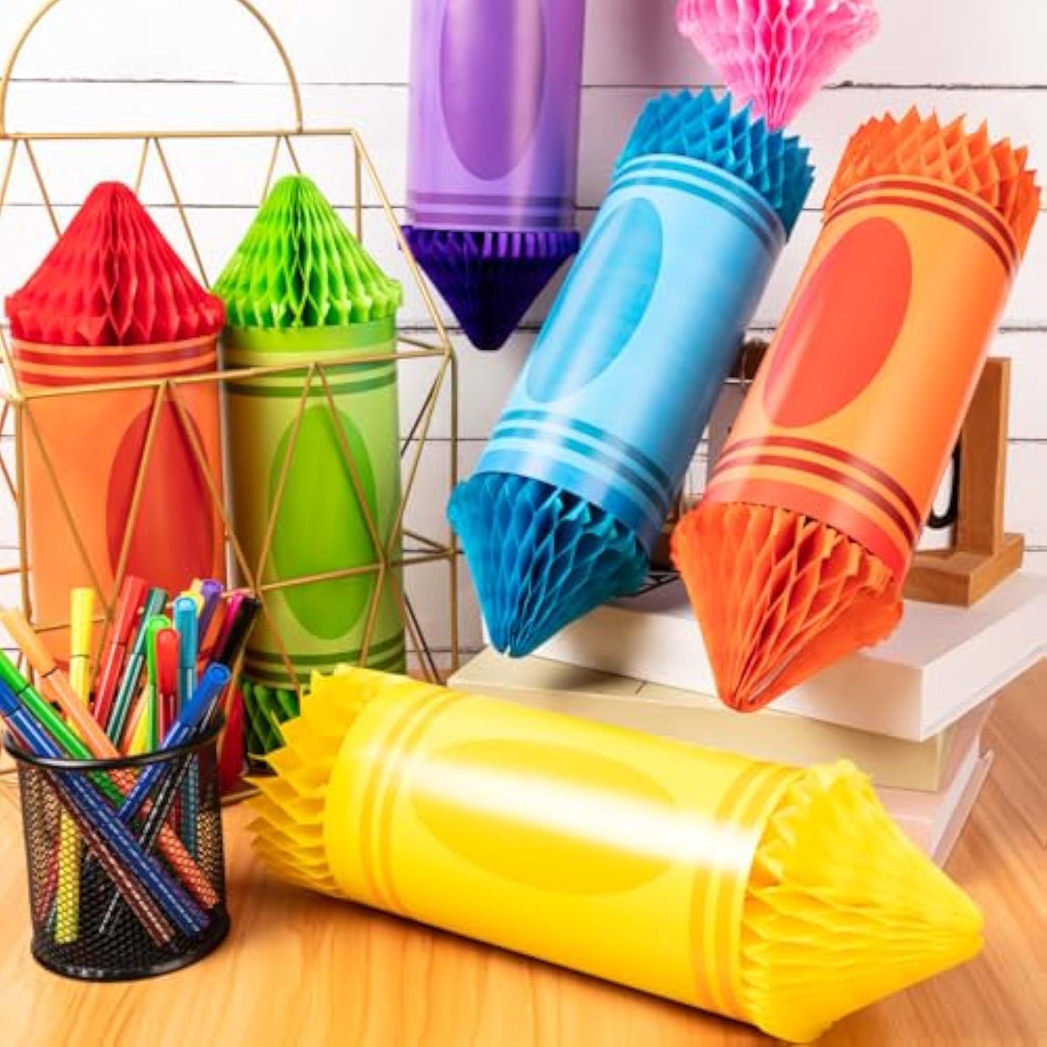 14 Pcs Back To School Hanging Decorations Crayon Hanging Honeycomb Tissue Paper Crayon Lanterns Ceiling Party Decorations For Classroom First Day Of School Party Supplies