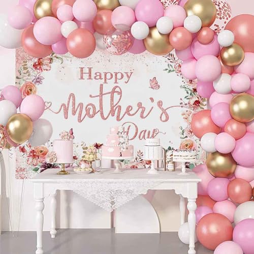Happy Mothers Day Banner Backdrop Pink Mother's Day Decorations Banner Floral Thank You Mom Mothers Day Background Photo Booth Props(6x3.6ft)