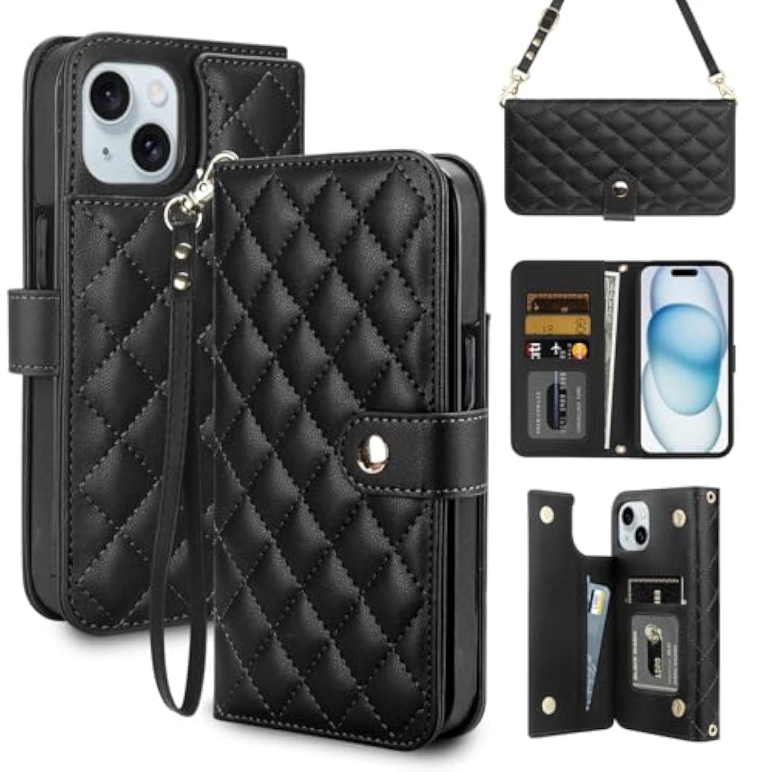 For Iphone 15 Wallet Case With Card Holder Crossbody Wrist Strap Leather Flip Case With Magnetic Clasp Kickstand Heavy Duty Protective Wallet Phone Case For Iphone 15 For Women, Black