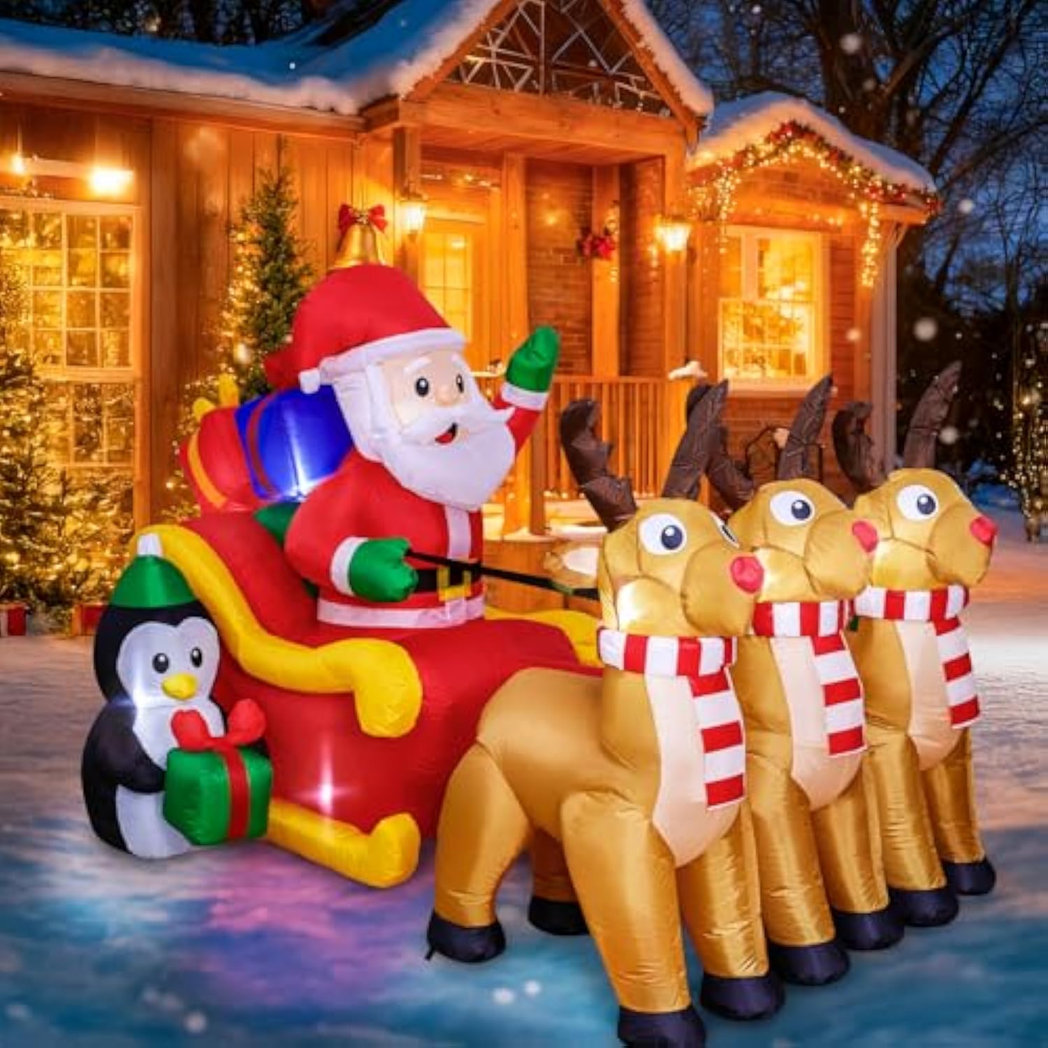 7.6Ft Christmas Inflatable Santa Claus With Sleigh And 3 Reindeer, Penguin With Gift, Lighted Blow Up Yard Decorations O
