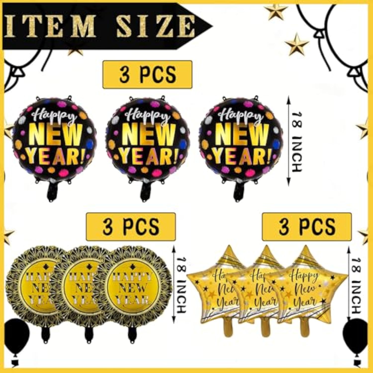 9pcs Black Gold New Year 2026 Star & Round Foil Balloons Decorations
