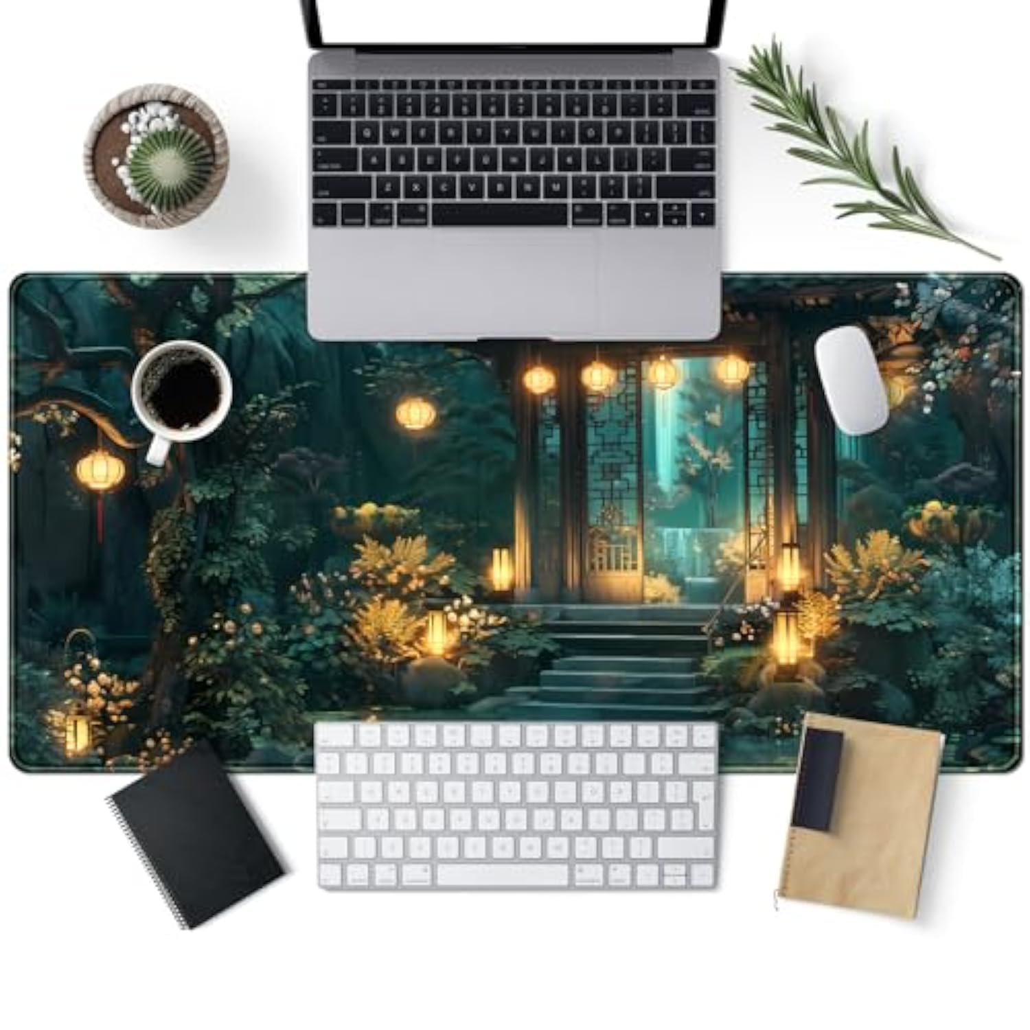 Lofi Desk Mat Japanese Large Mouse Pad Extended Gaming Mousepad Xxl Computer Laptop Keyboard Pad Big Mouse Mat Green Aesthetic Desk Pad Office Decor 31.5X15.7 In