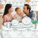142pcs Greenery Blue Baby Shower Tableware Set – Plates, Cups, Napkins & More